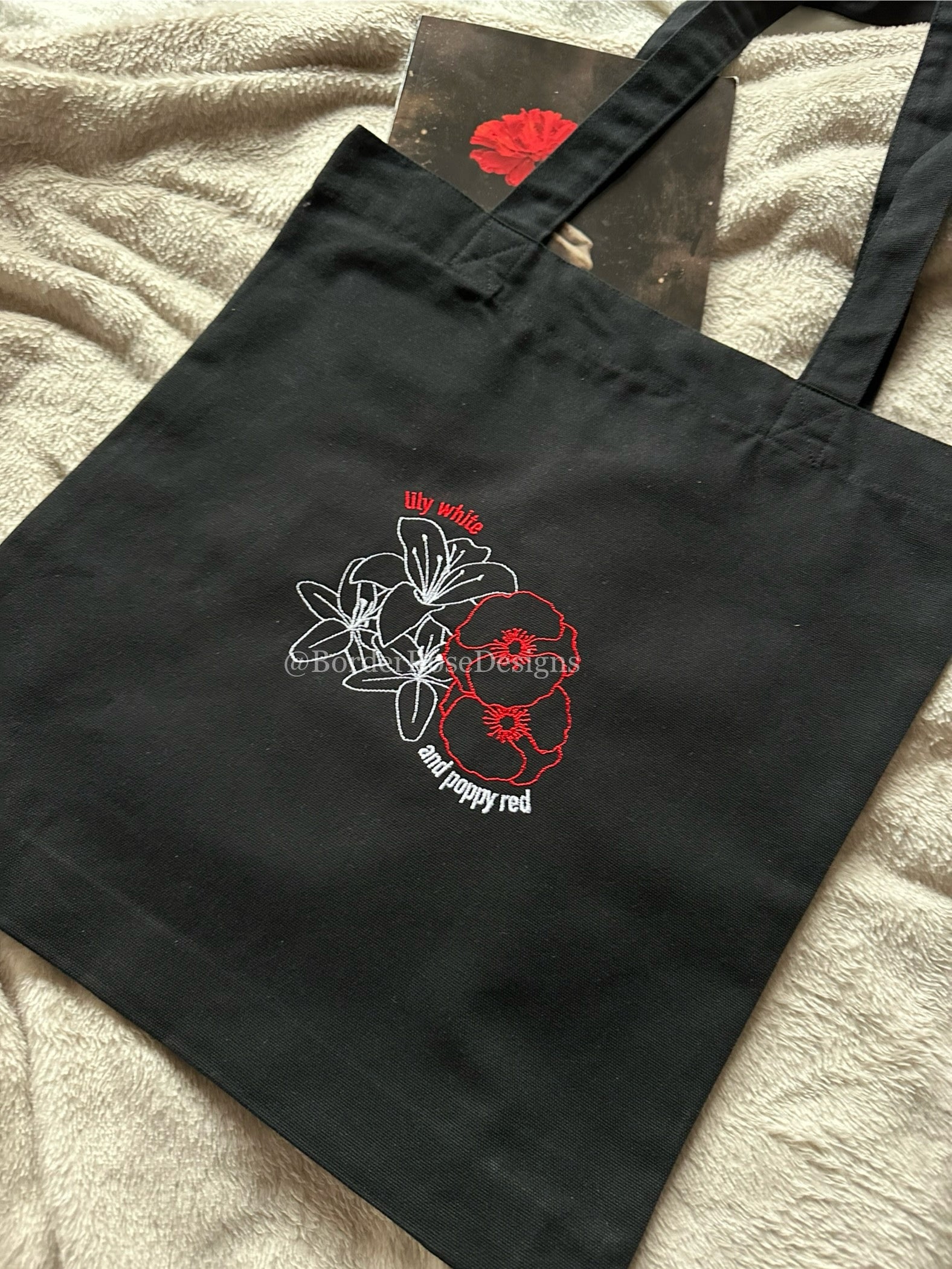 Lily White and Poppy Red Flowers Hadestown Embroidered Tote Bag