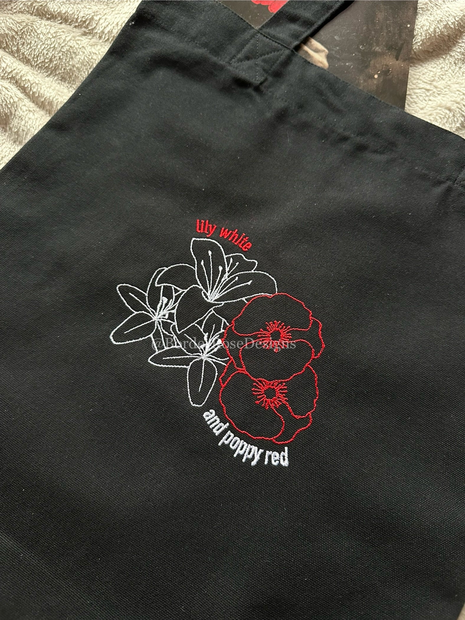 Lily White and Poppy Red Flowers Hadestown Embroidered Tote Bag